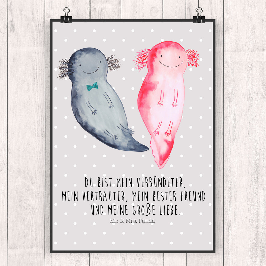 Poster Axolotl Axel+Lotte Poster, Wandposter, Bild, Wanddeko, Küchenposter, Kinderposter, Wanddeko Bild, Raumdekoration, Wanddekoration, Handgemaltes Poster, Mr. & Mrs. Panda Poster, Designposter, Kunstdruck, Posterdruck, Axolotl, Molch, Axolot, Schwanzlurch, Lurch, Lurche, Liebe, große Liebe, Liebesbeweis, Freund, Verlobter, Ehemann, Jahrestag, Valentinstag
