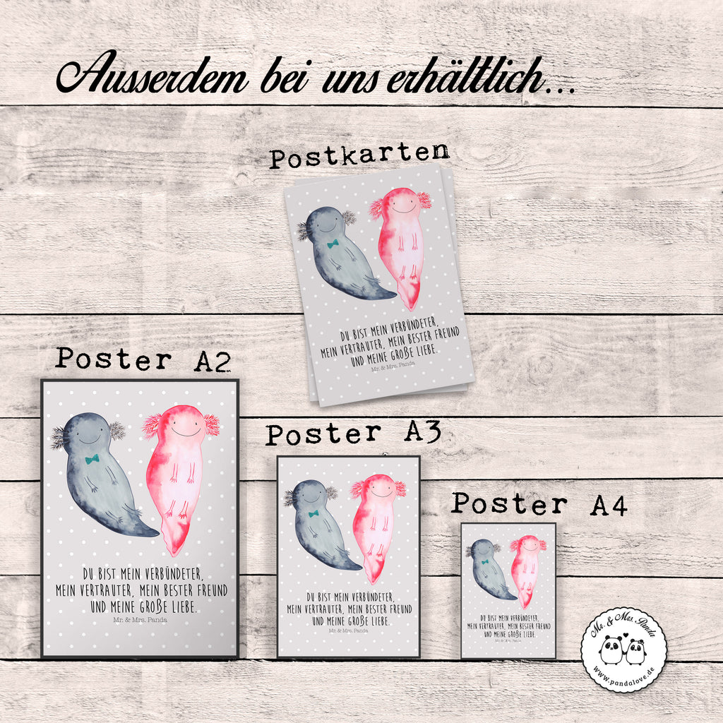 Poster Axolotl Axel+Lotte Poster, Wandposter, Bild, Wanddeko, Küchenposter, Kinderposter, Wanddeko Bild, Raumdekoration, Wanddekoration, Handgemaltes Poster, Mr. & Mrs. Panda Poster, Designposter, Kunstdruck, Posterdruck, Axolotl, Molch, Axolot, Schwanzlurch, Lurch, Lurche, Liebe, große Liebe, Liebesbeweis, Freund, Verlobter, Ehemann, Jahrestag, Valentinstag