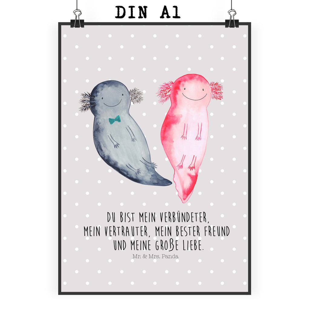 Poster Axolotl Axel+Lotte Poster, Wandposter, Bild, Wanddeko, Küchenposter, Kinderposter, Wanddeko Bild, Raumdekoration, Wanddekoration, Handgemaltes Poster, Mr. & Mrs. Panda Poster, Designposter, Kunstdruck, Posterdruck, Axolotl, Molch, Axolot, Schwanzlurch, Lurch, Lurche, Liebe, große Liebe, Liebesbeweis, Freund, Verlobter, Ehemann, Jahrestag, Valentinstag
