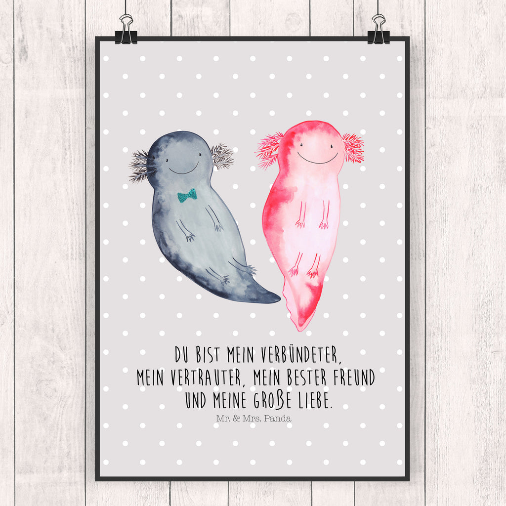 Poster Axolotl Axel+Lotte Poster, Wandposter, Bild, Wanddeko, Küchenposter, Kinderposter, Wanddeko Bild, Raumdekoration, Wanddekoration, Handgemaltes Poster, Mr. & Mrs. Panda Poster, Designposter, Kunstdruck, Posterdruck, Axolotl, Molch, Axolot, Schwanzlurch, Lurch, Lurche, Liebe, große Liebe, Liebesbeweis, Freund, Verlobter, Ehemann, Jahrestag, Valentinstag