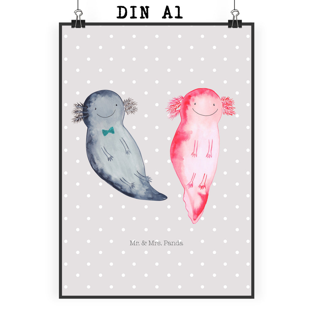 Poster Axolotl Axel+Lotte Poster, Wandposter, Bild, Wanddeko, Küchenposter, Kinderposter, Wanddeko Bild, Raumdekoration, Wanddekoration, Handgemaltes Poster, Mr. & Mrs. Panda Poster, Designposter, Kunstdruck, Posterdruck, Axolotl, Molch, Axolot, Schwanzlurch, Lurch, Lurche, Liebe, große Liebe, Liebesbeweis, Freund, Verlobter, Ehemann, Jahrestag, Valentinstag