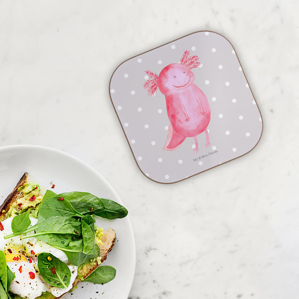 Quadratische Untersetzer Axolotl glücklich Bierdeckel, Glasuntersetzer, Untersetzer Gläser, Getränkeuntersetzer, Axolotl, Molch, Axolot, Schwanzlurch, Lurch, Lurche, Motivation, gute Laune