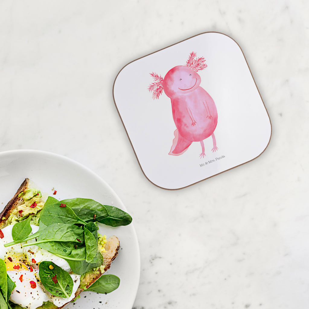 Quadratische Untersetzer Axolotl glücklich Bierdeckel, Glasuntersetzer, Untersetzer Gläser, Getränkeuntersetzer, Axolotl, Molch, Axolot, Schwanzlurch, Lurch, Lurche, Motivation, gute Laune