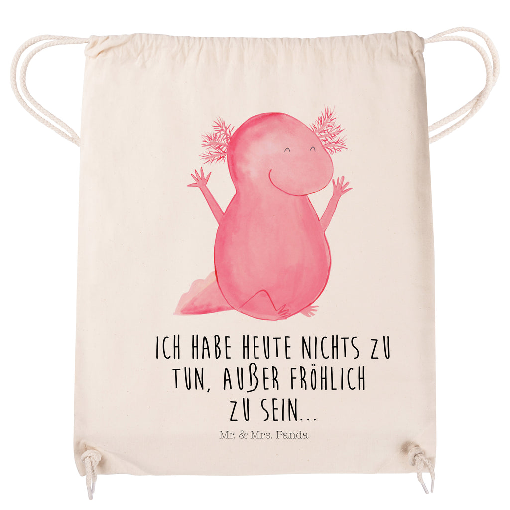 Sportbeutel Axolotl Hurra Turnbeutel, Beutel, Sporttasche, Tasche, Stoffbeutel, Axolotl, Molch, Axolot, Schwanzlurch, Lurch, Lurche, fröhlich, Spaß, Freude, Motivation, Zufriedenheit