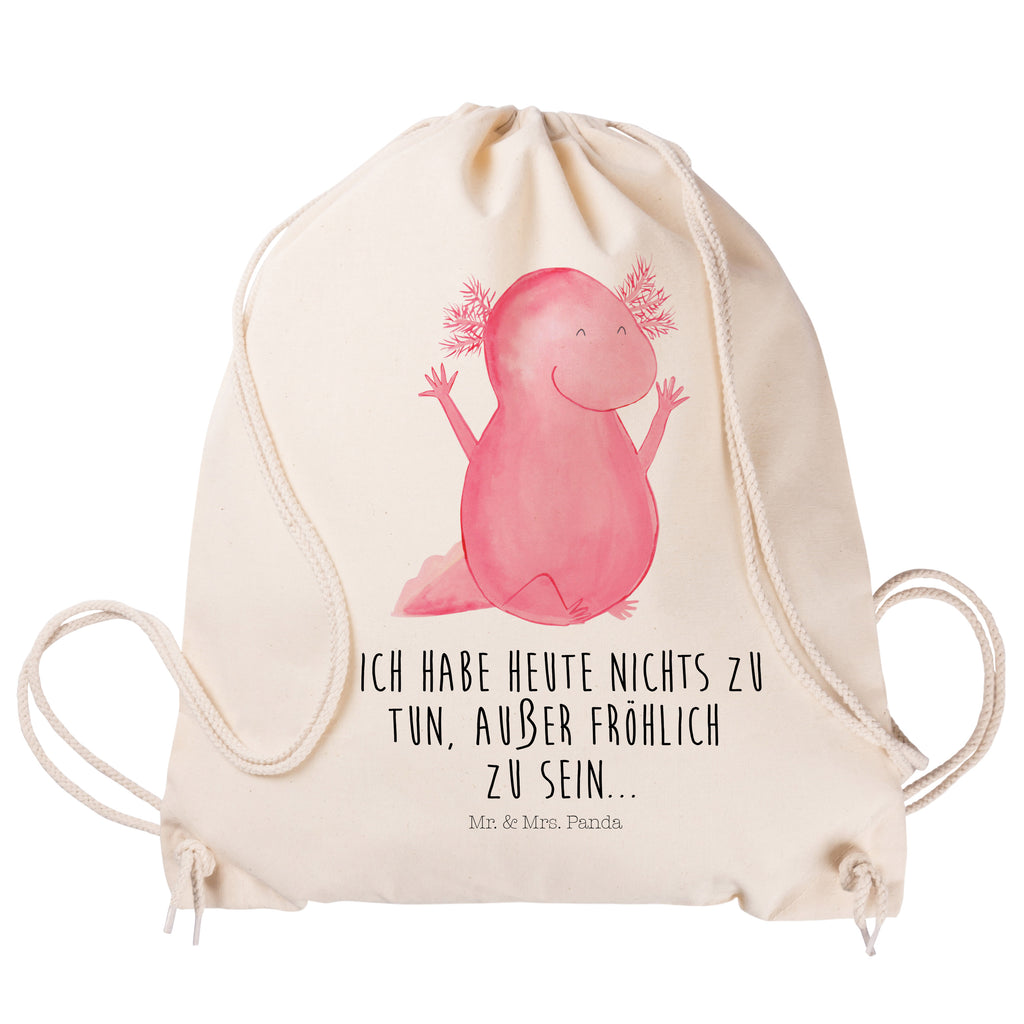 Sportbeutel Axolotl Hurra Turnbeutel, Beutel, Sporttasche, Tasche, Stoffbeutel, Axolotl, Molch, Axolot, Schwanzlurch, Lurch, Lurche, fröhlich, Spaß, Freude, Motivation, Zufriedenheit