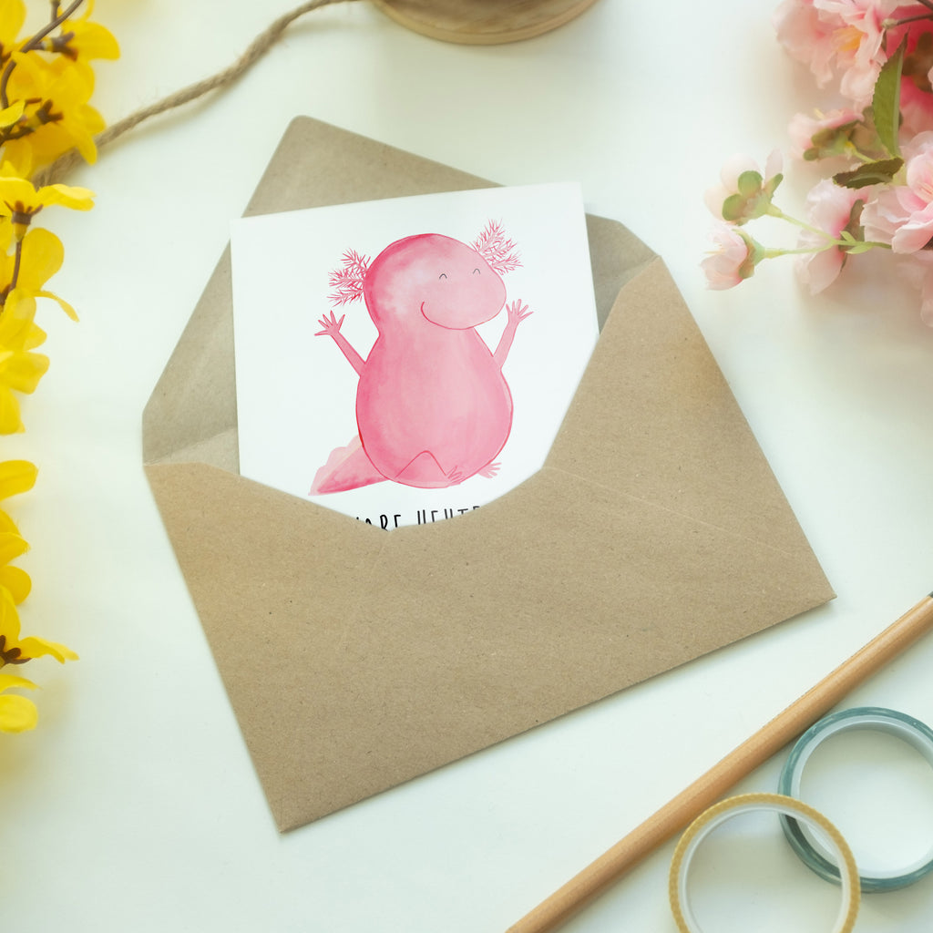 Grußkarte Axolotl Hurra Klappkarte, Einladungskarte, Glückwunschkarte, Hochzeitskarte, Geburtstagskarte, Karte, Axolotl, Molch, Axolot, Schwanzlurch, Lurch, Lurche, fröhlich, Spaß, Freude, Motivation, Zufriedenheit