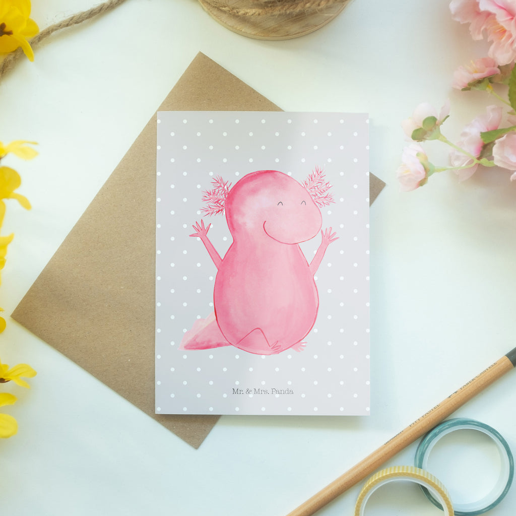 Grußkarte Axolotl Hurra Klappkarte, Einladungskarte, Glückwunschkarte, Hochzeitskarte, Geburtstagskarte, Karte, Axolotl, Molch, Axolot, Schwanzlurch, Lurch, Lurche, fröhlich, Spaß, Freude, Motivation, Zufriedenheit