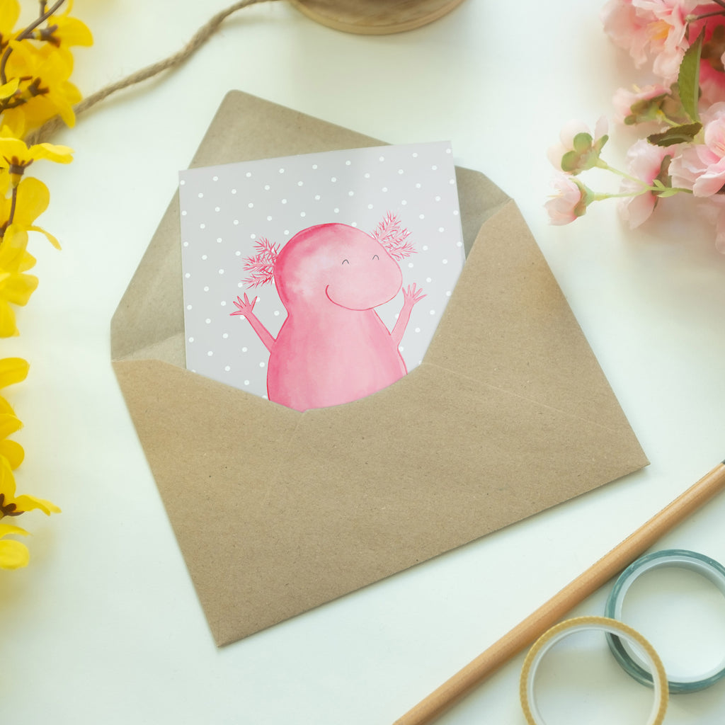 Grußkarte Axolotl Hurra Klappkarte, Einladungskarte, Glückwunschkarte, Hochzeitskarte, Geburtstagskarte, Karte, Axolotl, Molch, Axolot, Schwanzlurch, Lurch, Lurche, fröhlich, Spaß, Freude, Motivation, Zufriedenheit