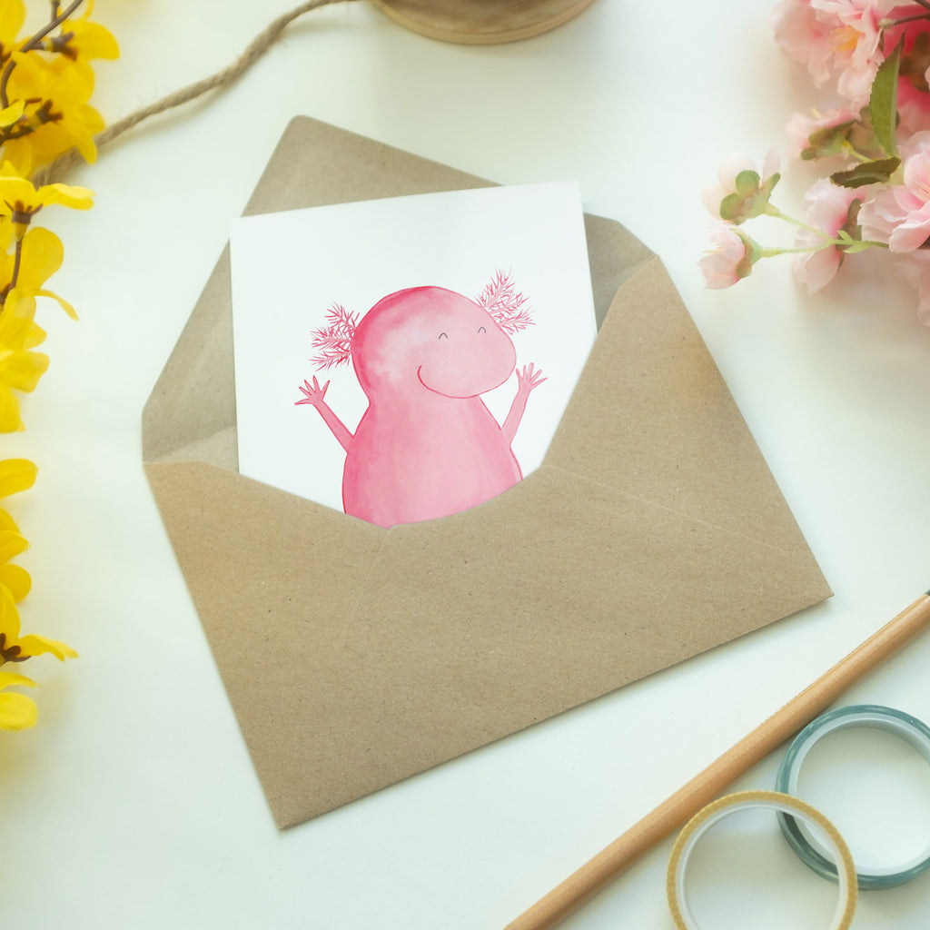 Grußkarte Axolotl Hurra Klappkarte, Einladungskarte, Glückwunschkarte, Hochzeitskarte, Geburtstagskarte, Karte, Axolotl, Molch, Axolot, Schwanzlurch, Lurch, Lurche, fröhlich, Spaß, Freude, Motivation, Zufriedenheit