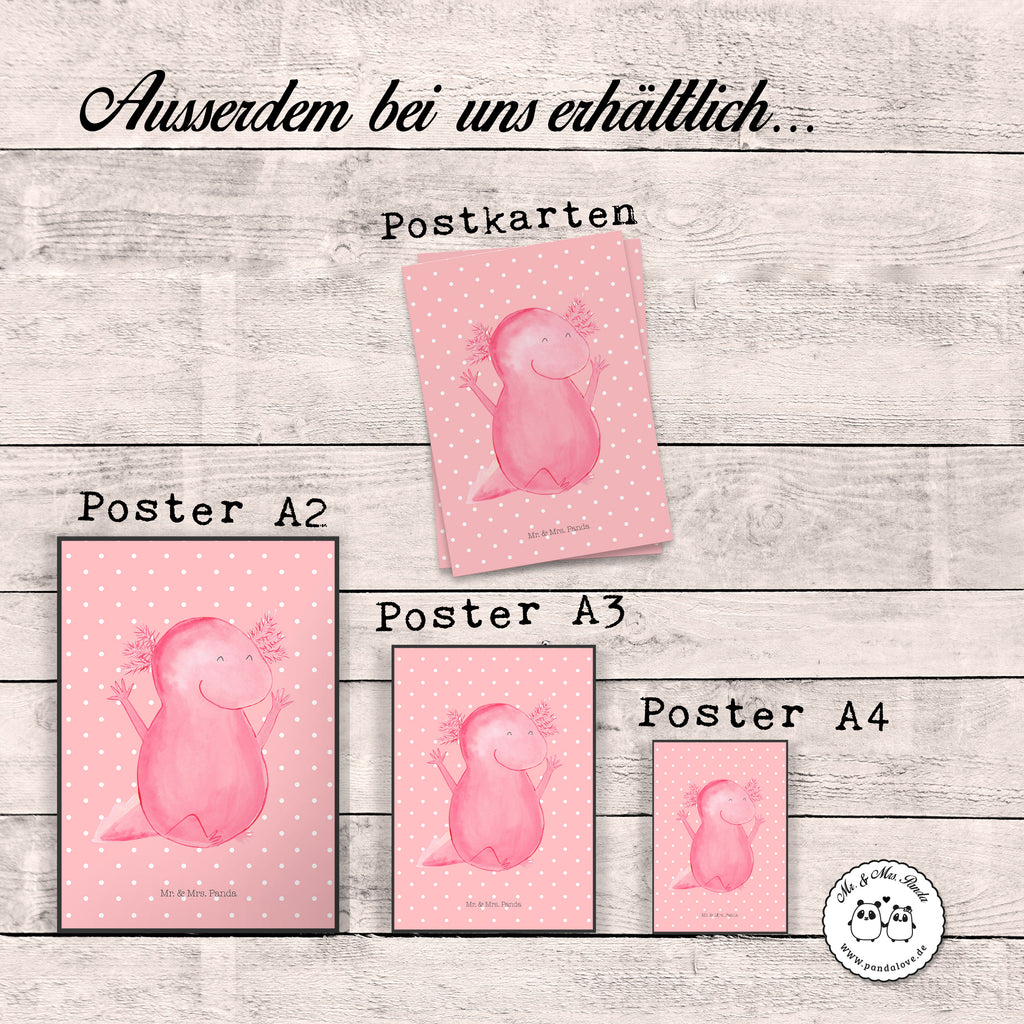 Poster Axolotl Hurra Poster, Wandposter, Bild, Wanddeko, Küchenposter, Kinderposter, Wanddeko Bild, Raumdekoration, Wanddekoration, Handgemaltes Poster, Mr. & Mrs. Panda Poster, Designposter, Kunstdruck, Posterdruck, Axolotl, Molch, Axolot, Schwanzlurch, Lurch, Lurche, fröhlich, Spaß, Freude, Motivation, Zufriedenheit