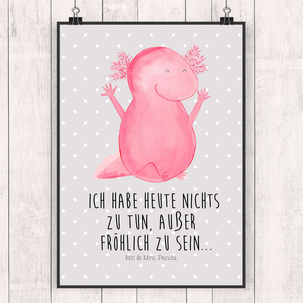 Poster Axolotl Hurra Poster, Wandposter, Bild, Wanddeko, Küchenposter, Kinderposter, Wanddeko Bild, Raumdekoration, Wanddekoration, Handgemaltes Poster, Mr. & Mrs. Panda Poster, Designposter, Kunstdruck, Posterdruck, Axolotl, Molch, Axolot, Schwanzlurch, Lurch, Lurche, fröhlich, Spaß, Freude, Motivation, Zufriedenheit
