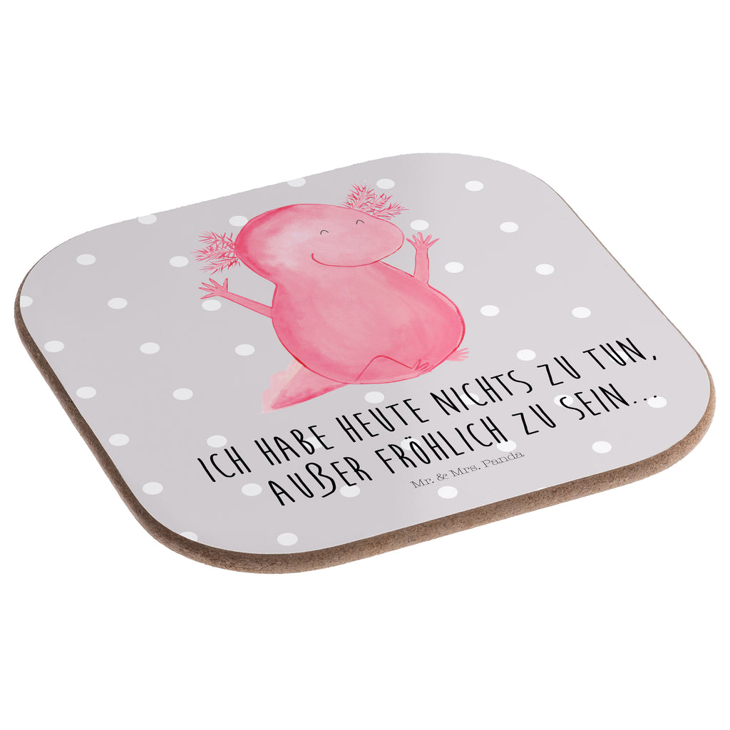 Quadratische Untersetzer Axolotl Hurra Bierdeckel, Glasuntersetzer, Untersetzer Gläser, Getränkeuntersetzer, Axolotl, Molch, Axolot, Schwanzlurch, Lurch, Lurche, fröhlich, Spaß, Freude, Motivation, Zufriedenheit