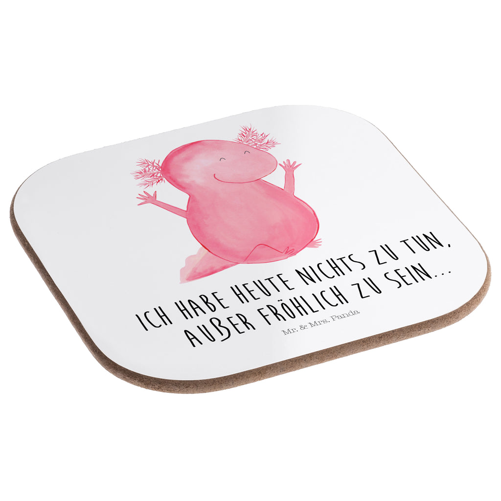 Quadratische Untersetzer Axolotl Hurra Bierdeckel, Glasuntersetzer, Untersetzer Gläser, Getränkeuntersetzer, Axolotl, Molch, Axolot, Schwanzlurch, Lurch, Lurche, fröhlich, Spaß, Freude, Motivation, Zufriedenheit