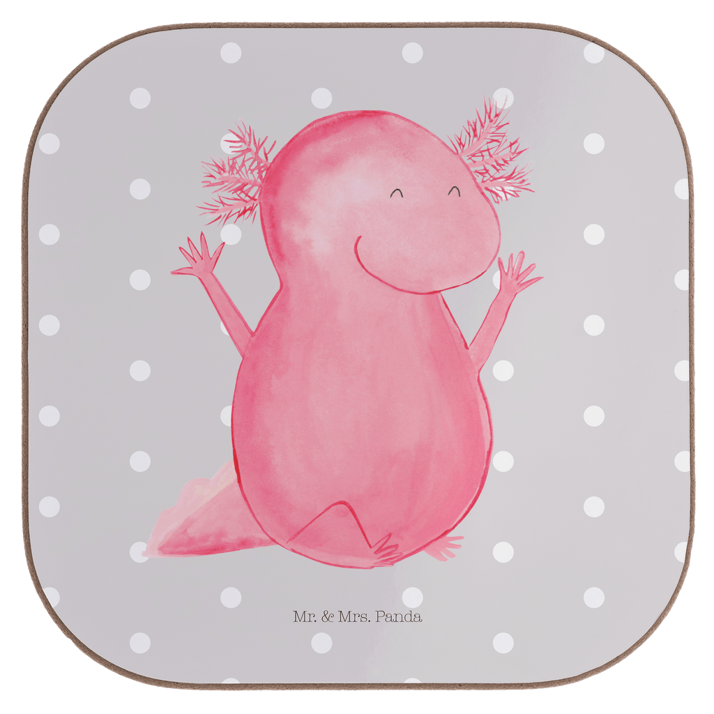 Quadratische Untersetzer Axolotl Hurra Bierdeckel, Glasuntersetzer, Untersetzer Gläser, Getränkeuntersetzer, Axolotl, Molch, Axolot, Schwanzlurch, Lurch, Lurche, fröhlich, Spaß, Freude, Motivation, Zufriedenheit