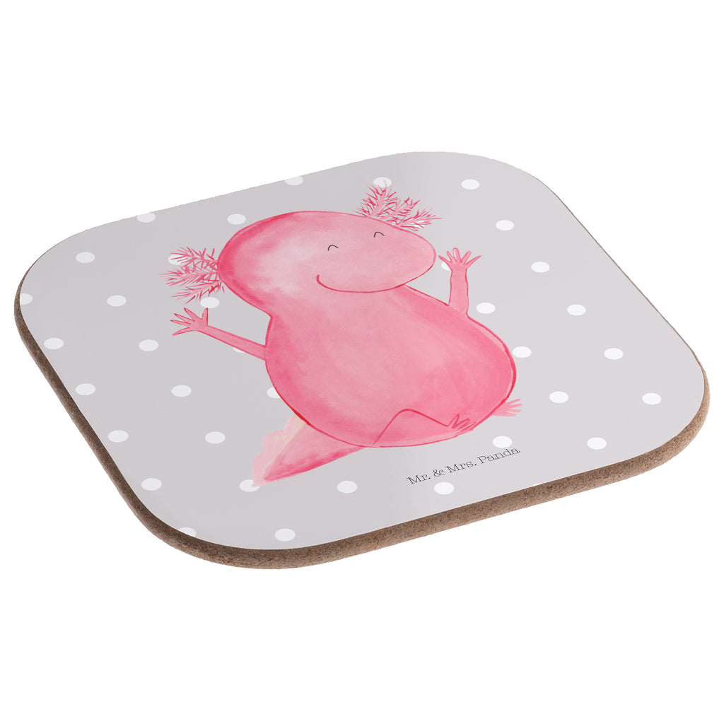Quadratische Untersetzer Axolotl Hurra Bierdeckel, Glasuntersetzer, Untersetzer Gläser, Getränkeuntersetzer, Axolotl, Molch, Axolot, Schwanzlurch, Lurch, Lurche, fröhlich, Spaß, Freude, Motivation, Zufriedenheit