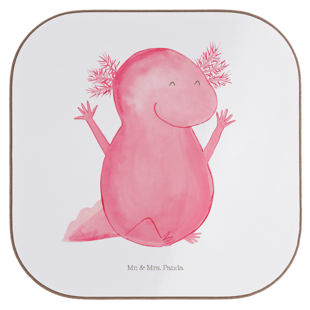 Quadratische Untersetzer Axolotl Hurra Bierdeckel, Glasuntersetzer, Untersetzer Gläser, Getränkeuntersetzer, Axolotl, Molch, Axolot, Schwanzlurch, Lurch, Lurche, fröhlich, Spaß, Freude, Motivation, Zufriedenheit