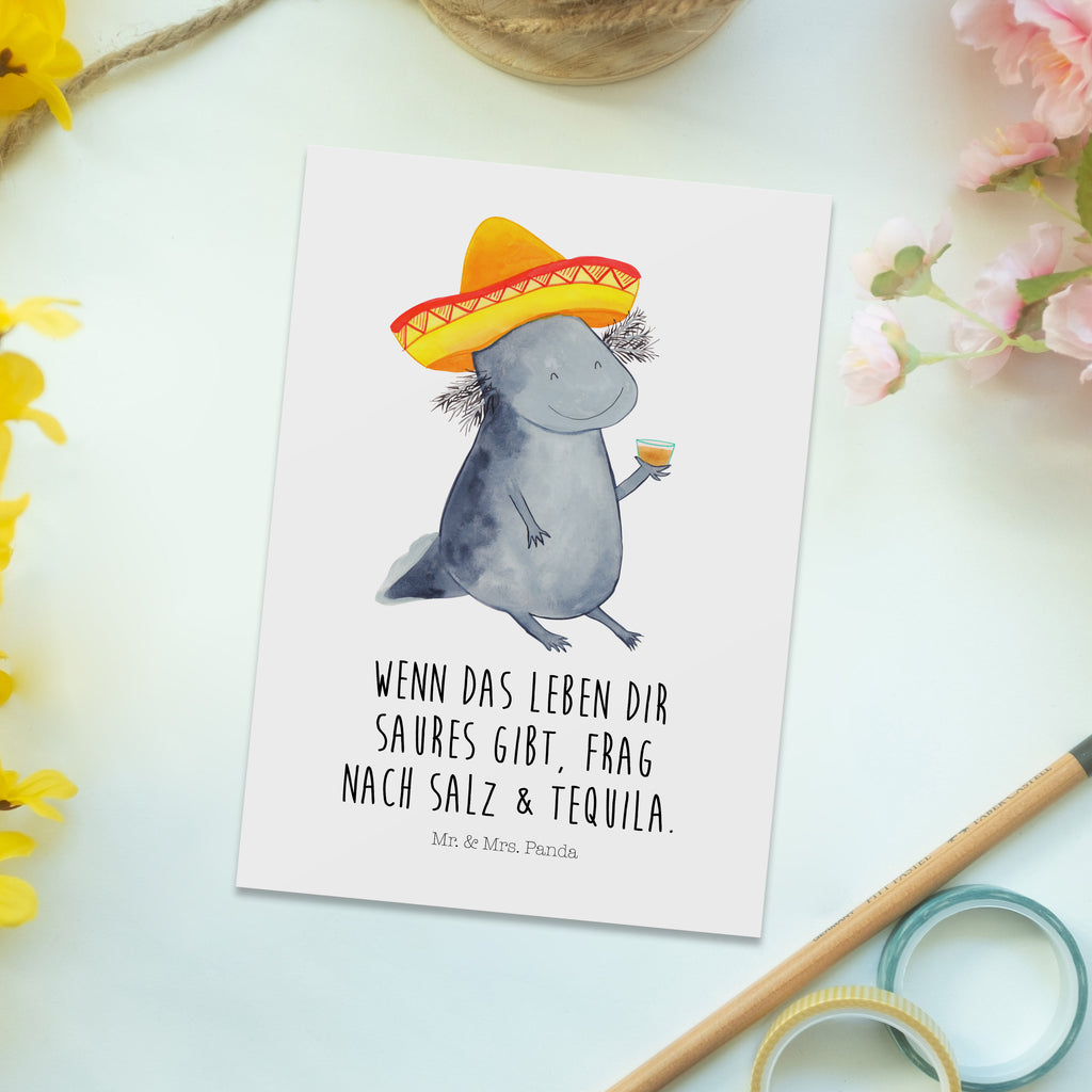 Postkarte Axolotl Tequila Geschenkkarte, Grußkarte, Karte, Einladung, Ansichtskarte, Geburtstagskarte, Einladungskarte, Dankeskarte, Axolotl, Molch, Mexico, Mexiko, Sombrero, Zitrone, Tequila, Motivation, Spruch, Schwanzlurch, Lurch, Lurche, Axolot, Feuerdrache, Feuersalamander