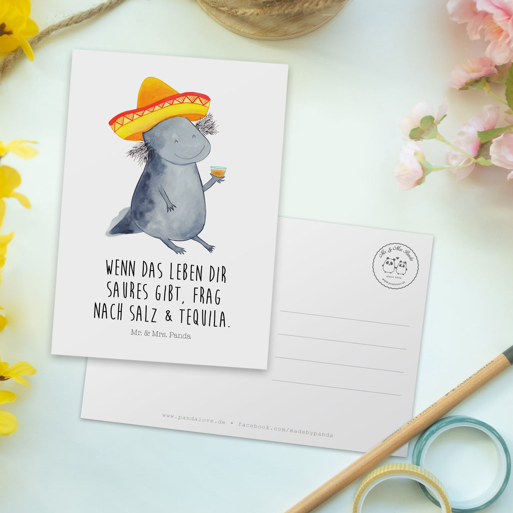 Postkarte Axolotl Tequila Geschenkkarte, Grußkarte, Karte, Einladung, Ansichtskarte, Geburtstagskarte, Einladungskarte, Dankeskarte, Axolotl, Molch, Mexico, Mexiko, Sombrero, Zitrone, Tequila, Motivation, Spruch, Schwanzlurch, Lurch, Lurche, Axolot, Feuerdrache, Feuersalamander
