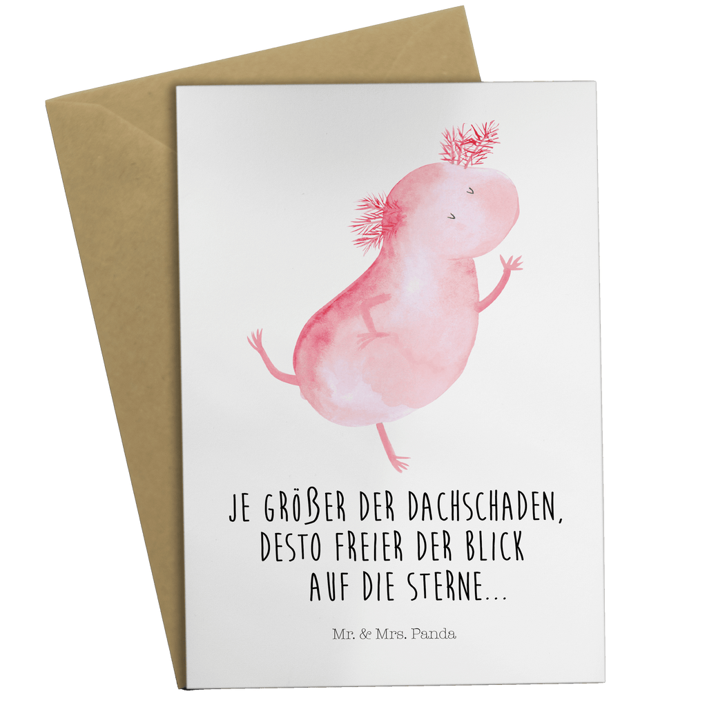 Grußkarte Axolotl tanzt Klappkarte, Einladungskarte, Glückwunschkarte, Hochzeitskarte, Geburtstagskarte, Karte, Axolotl, Molch, Axolot, Schwanzlurch, Lurch, Lurche, Dachschaden, Sterne, verrückt, Freundin, beste Freundin