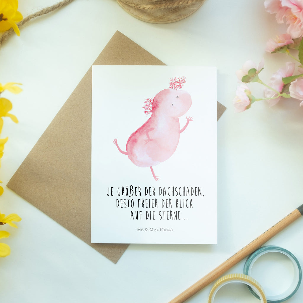 Grußkarte Axolotl tanzt Klappkarte, Einladungskarte, Glückwunschkarte, Hochzeitskarte, Geburtstagskarte, Karte, Axolotl, Molch, Axolot, Schwanzlurch, Lurch, Lurche, Dachschaden, Sterne, verrückt, Freundin, beste Freundin