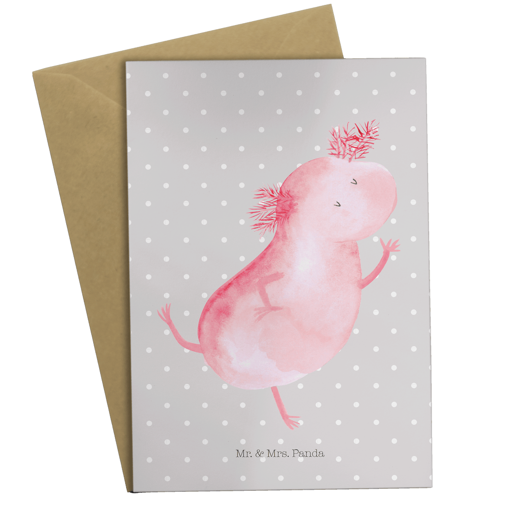 Grußkarte Axolotl tanzt Klappkarte, Einladungskarte, Glückwunschkarte, Hochzeitskarte, Geburtstagskarte, Karte, Axolotl, Molch, Axolot, Schwanzlurch, Lurch, Lurche, Dachschaden, Sterne, verrückt, Freundin, beste Freundin
