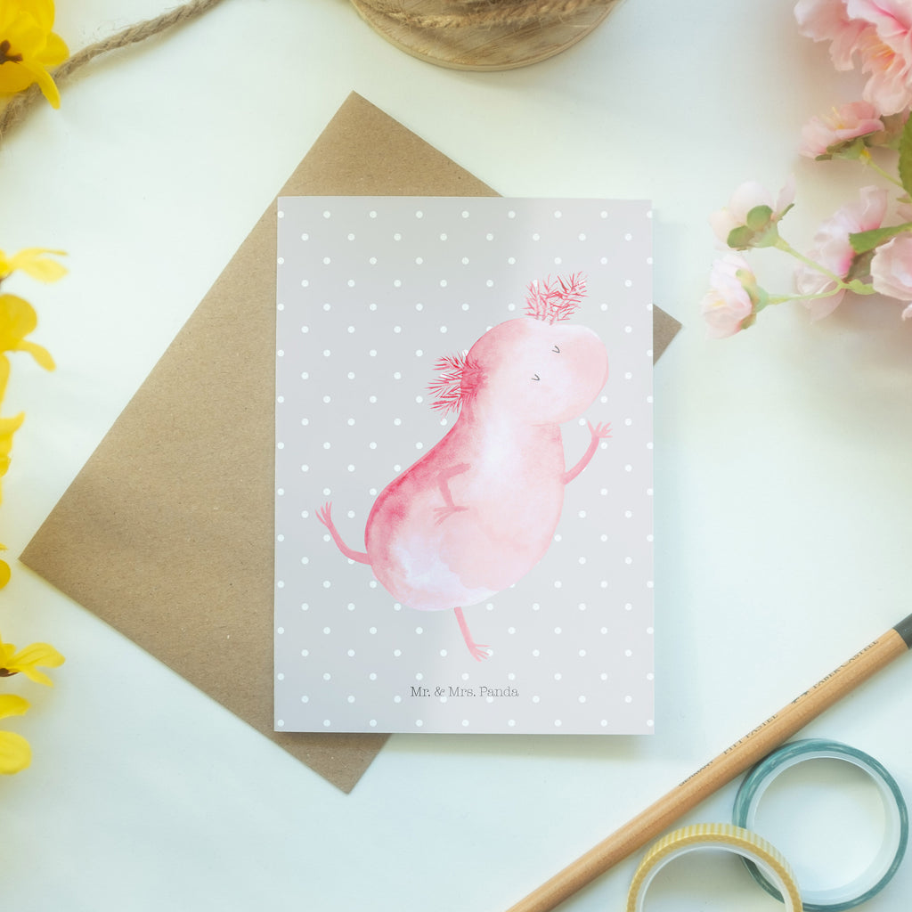Grußkarte Axolotl tanzt Klappkarte, Einladungskarte, Glückwunschkarte, Hochzeitskarte, Geburtstagskarte, Karte, Axolotl, Molch, Axolot, Schwanzlurch, Lurch, Lurche, Dachschaden, Sterne, verrückt, Freundin, beste Freundin