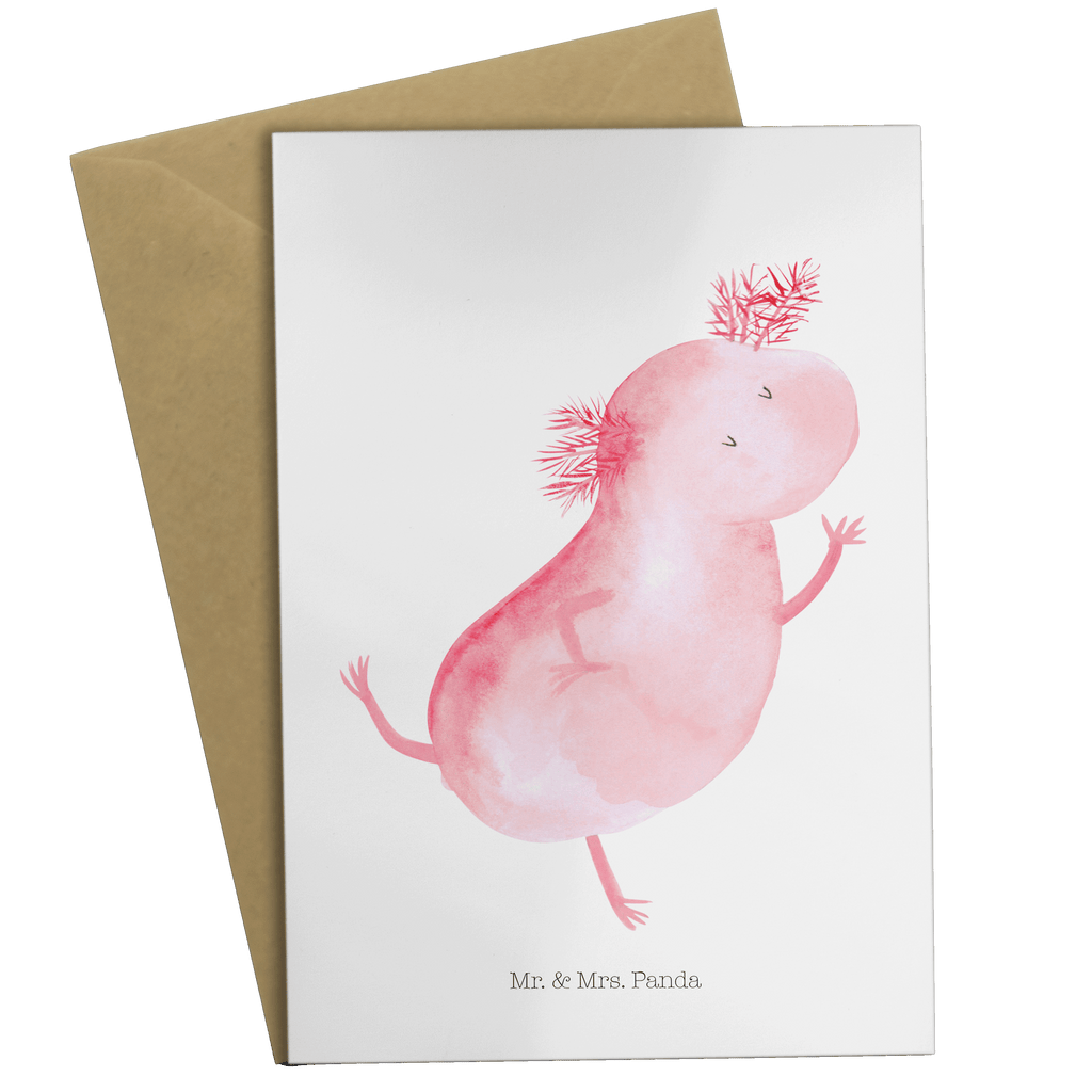 Grußkarte Axolotl tanzt Klappkarte, Einladungskarte, Glückwunschkarte, Hochzeitskarte, Geburtstagskarte, Karte, Axolotl, Molch, Axolot, Schwanzlurch, Lurch, Lurche, Dachschaden, Sterne, verrückt, Freundin, beste Freundin