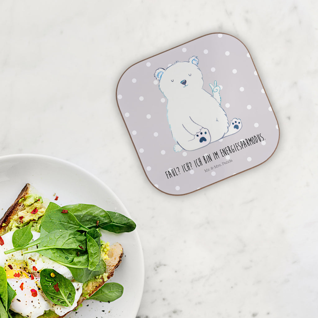 Quadratische Untersetzer Eisbär Faul Bierdeckel, Glasuntersetzer, Untersetzer Gläser, Getränkeuntersetzer, Bär, Teddy, Teddybär, Eisbär, Nordpol, Faul, Entspannen, Relaxen, Büro, Arbeit, Bürojob, Arbeitsplatz, Homeoffice