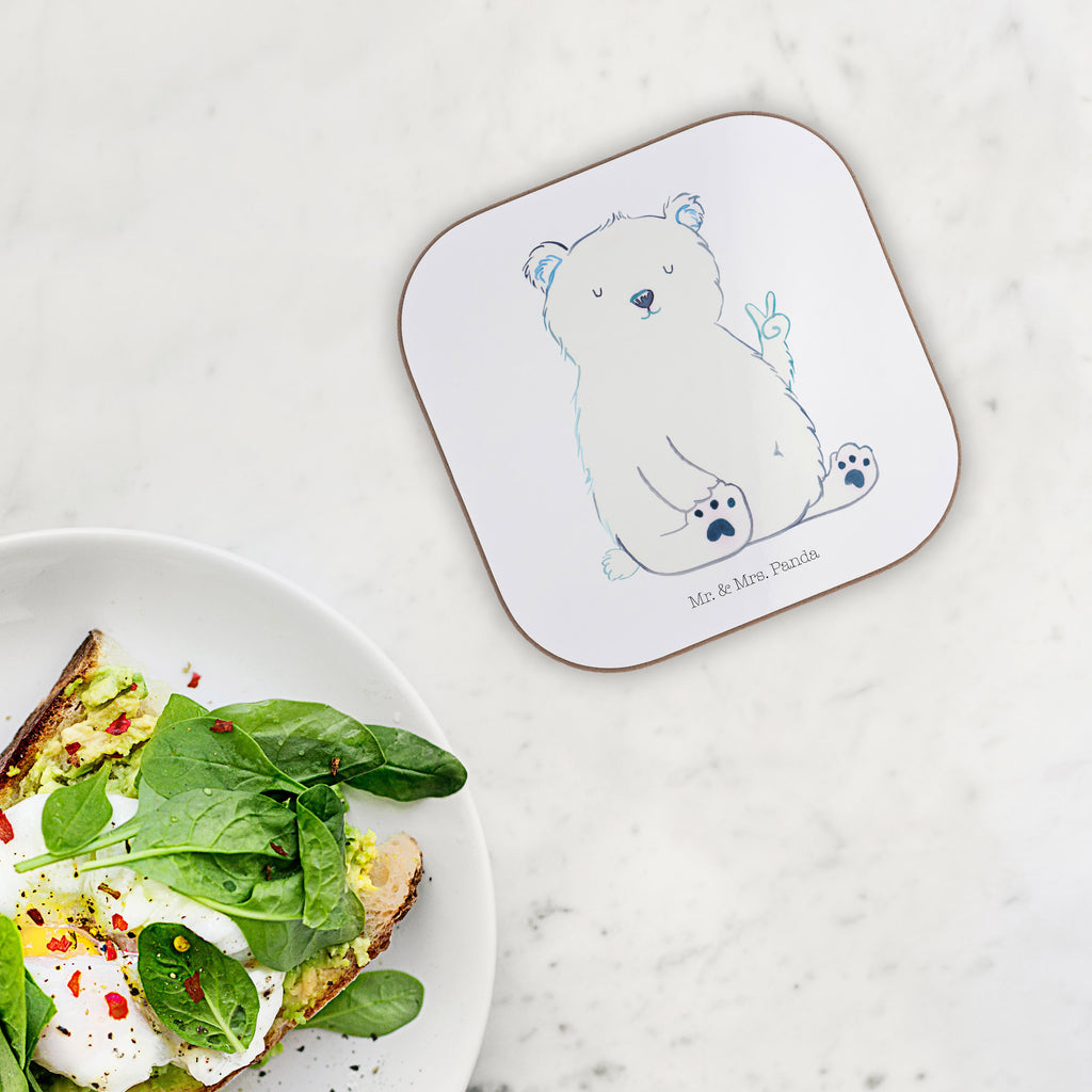 Quadratische Untersetzer Eisbär Faul Bierdeckel, Glasuntersetzer, Untersetzer Gläser, Getränkeuntersetzer, Bär, Teddy, Teddybär, Eisbär, Nordpol, Faul, Entspannen, Relaxen, Büro, Arbeit, Bürojob, Arbeitsplatz, Homeoffice