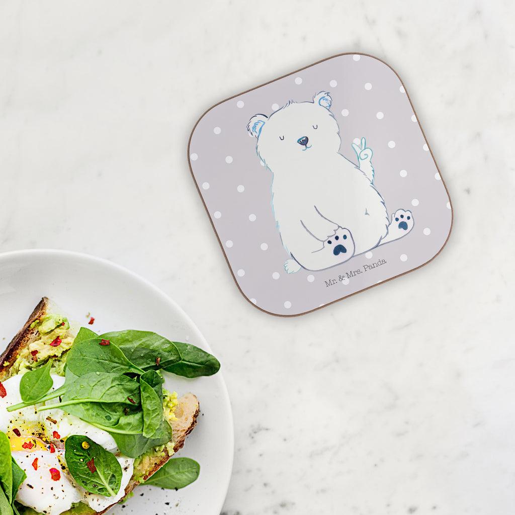 Quadratische Untersetzer Eisbär Faul Bierdeckel, Glasuntersetzer, Untersetzer Gläser, Getränkeuntersetzer, Bär, Teddy, Teddybär, Eisbär, Nordpol, Faul, Entspannen, Relaxen, Büro, Arbeit, Bürojob, Arbeitsplatz, Homeoffice