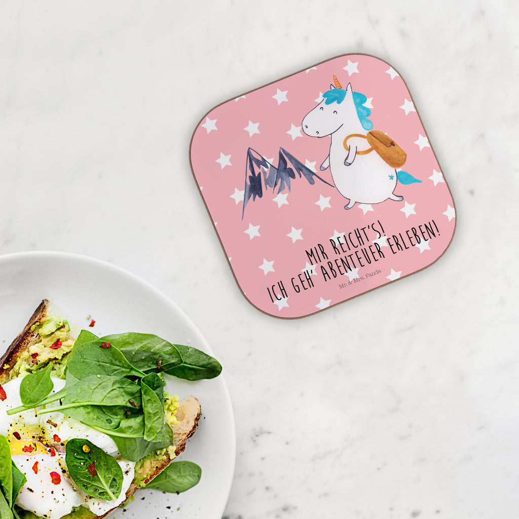 Quadratische Untersetzer Einhorn Bergsteiger Bierdeckel, Glasuntersetzer, Untersetzer Gläser, Getränkeuntersetzer, Einhorn, Einhörner, Einhorn Deko, Pegasus, Unicorn, Bergsteiger, Abenteuer, Berge, Abenteurer, Weltenbummler, Weltreise, Reisen, Urlaub, Entdecker