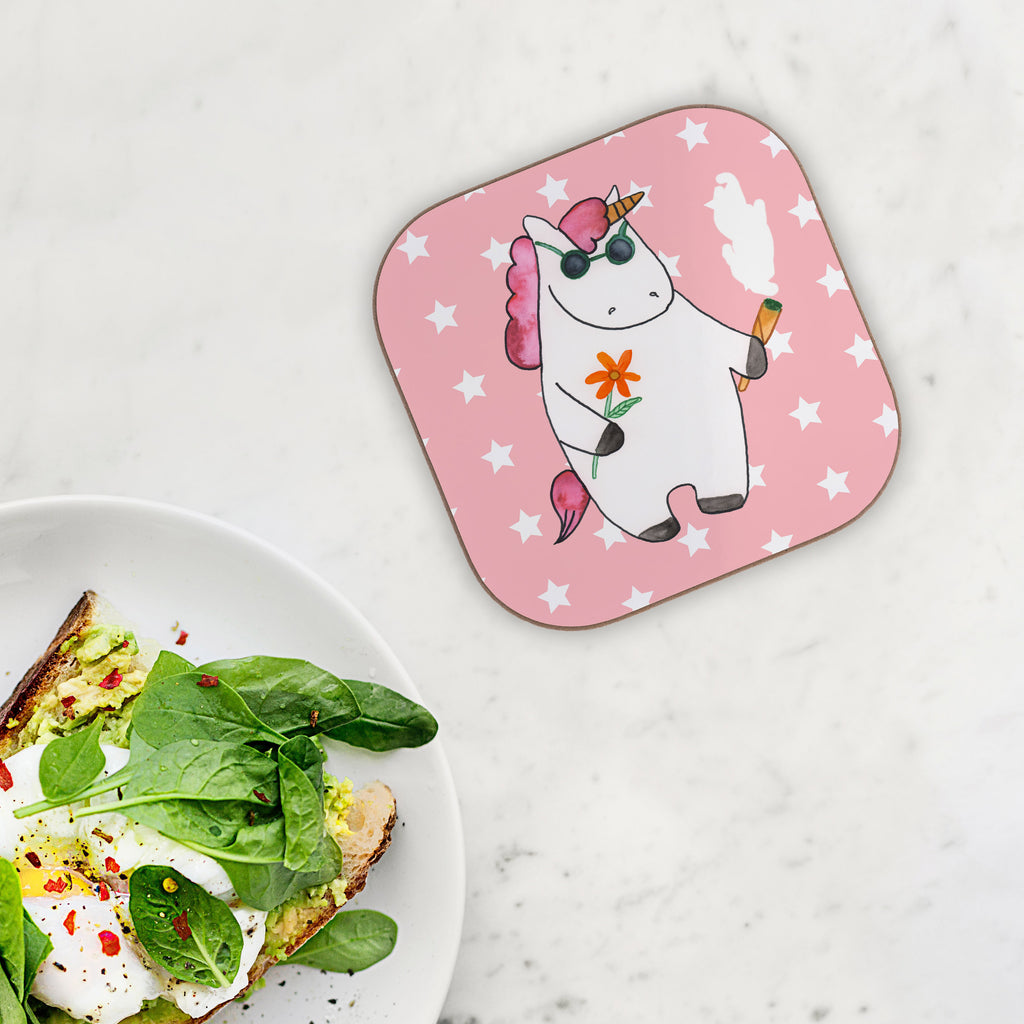 Quadratische Untersetzer Einhorn Woodstock Bierdeckel, Glasuntersetzer, Untersetzer Gläser, Getränkeuntersetzer, Einhorn, Einhörner, Einhorn Deko, Pegasus, Unicorn, Kiffen, Joint, Zigarette, Alkohol, Party, Spaß. lustig, witzig, Woodstock