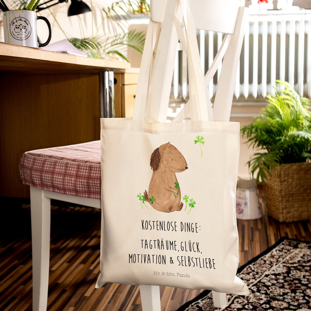 Tragetasche Hund Kleeblatt Beuteltasche, Beutel, Einkaufstasche, Jutebeutel, Stoffbeutel, Hund, Hundemotiv, Haustier, Hunderasse, Tierliebhaber, Hundebesitzer, Sprüche, Kleeblatt, Glück, Tagträume, Motivation, Neuanfang, Geschenk, Glücksbringer, Selbstliebe, Achtsamkeit