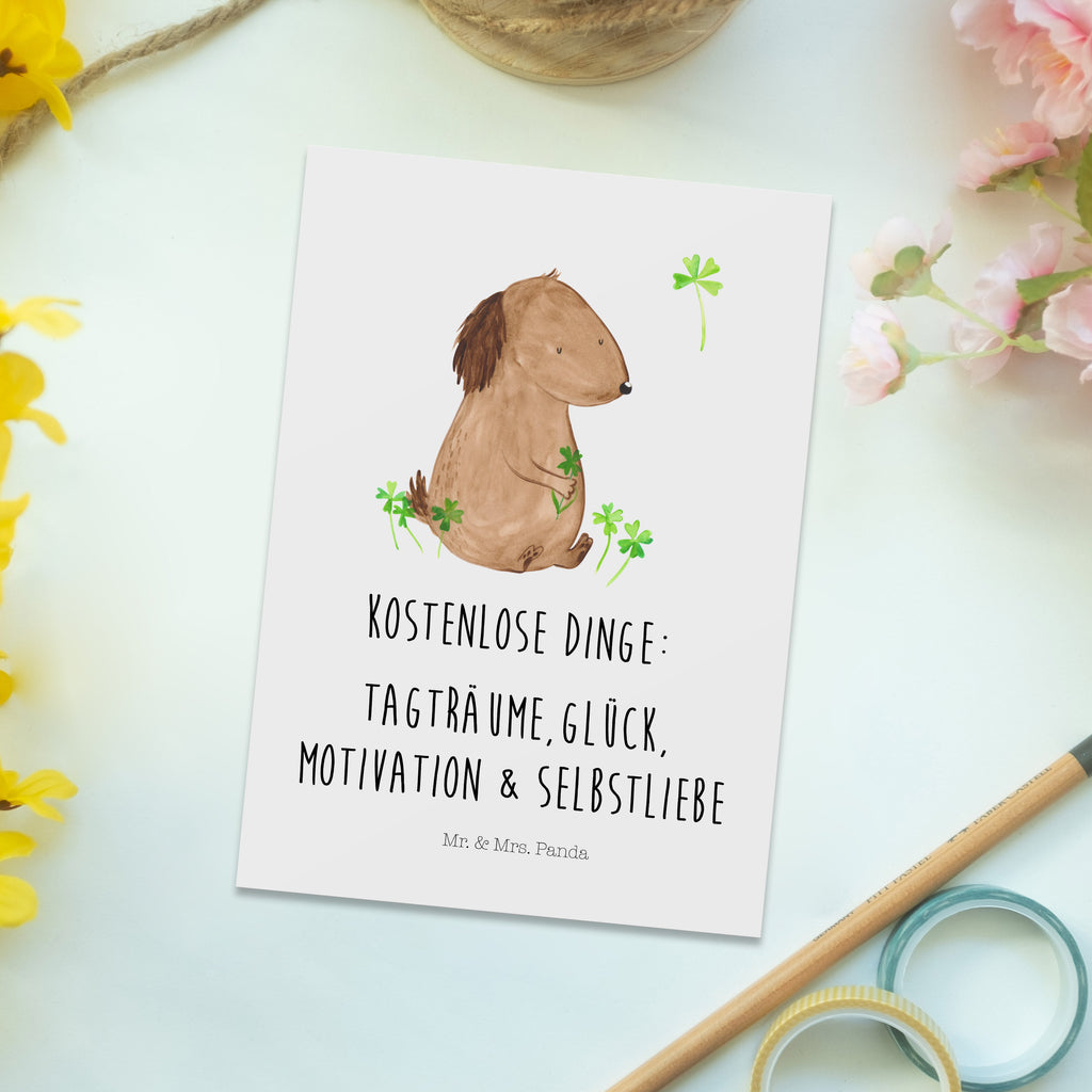 Postkarte Hund Kleeblatt Geschenkkarte, Grußkarte, Karte, Einladung, Ansichtskarte, Geburtstagskarte, Einladungskarte, Hund, Hundemotiv, Haustier, Hunderasse, Tierliebhaber, Hundebesitzer, Sprüche, Kleeblatt, Glück, Tagträume, Motivation, Neuanfang, Geschenk, Glücksbringer, Selbstliebe, Achtsamkeit