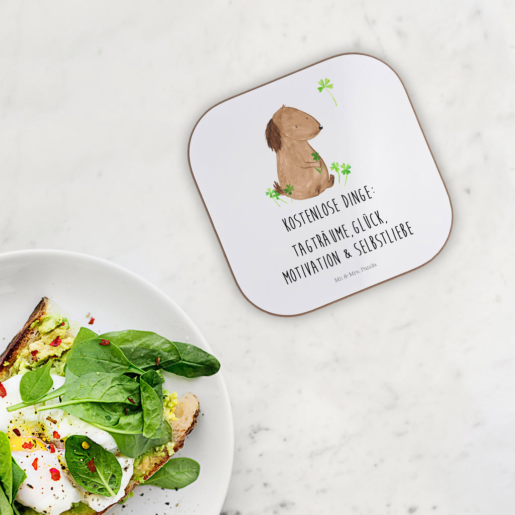 Quadratische Untersetzer Hund Kleeblatt Bierdeckel, Glasuntersetzer, Untersetzer Gläser, Getränkeuntersetzer, Hund, Hundemotiv, Haustier, Hunderasse, Tierliebhaber, Hundebesitzer, Sprüche, Kleeblatt, Glück, Tagträume, Motivation, Neuanfang, Geschenk, Glücksbringer, Selbstliebe, Achtsamkeit