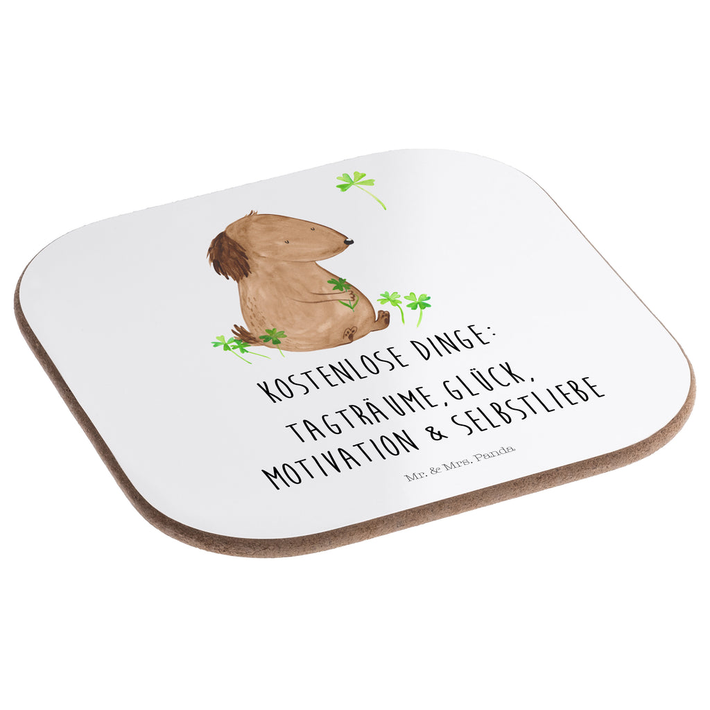 Quadratische Untersetzer Hund Kleeblatt Bierdeckel, Glasuntersetzer, Untersetzer Gläser, Getränkeuntersetzer, Hund, Hundemotiv, Haustier, Hunderasse, Tierliebhaber, Hundebesitzer, Sprüche, Kleeblatt, Glück, Tagträume, Motivation, Neuanfang, Geschenk, Glücksbringer, Selbstliebe, Achtsamkeit