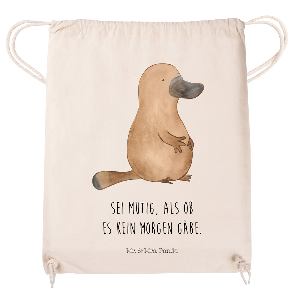 Sportbeutel Schnabeltier mutig Turnbeutel, Beutel, Sporttasche, Tasche, Stoffbeutel, Meerestiere, Meer, Urlaub, Schnabeltier, Mut, mutig, Lebensweisheit, Schnabeltiere, Motivation, Training, Büro, Arbeit, Neuanfang, Neustart, Weltreise, Raodtrip