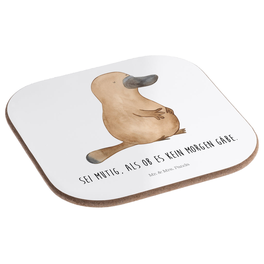 Quadratische Untersetzer Schnabeltier mutig Bierdeckel, Glasuntersetzer, Untersetzer Gläser, Getränkeuntersetzer, Meerestiere, Meer, Urlaub, Schnabeltier, Mut, mutig, Lebensweisheit, Schnabeltiere, Motivation, Training, Büro, Arbeit, Neuanfang, Neustart, Weltreise, Raodtrip