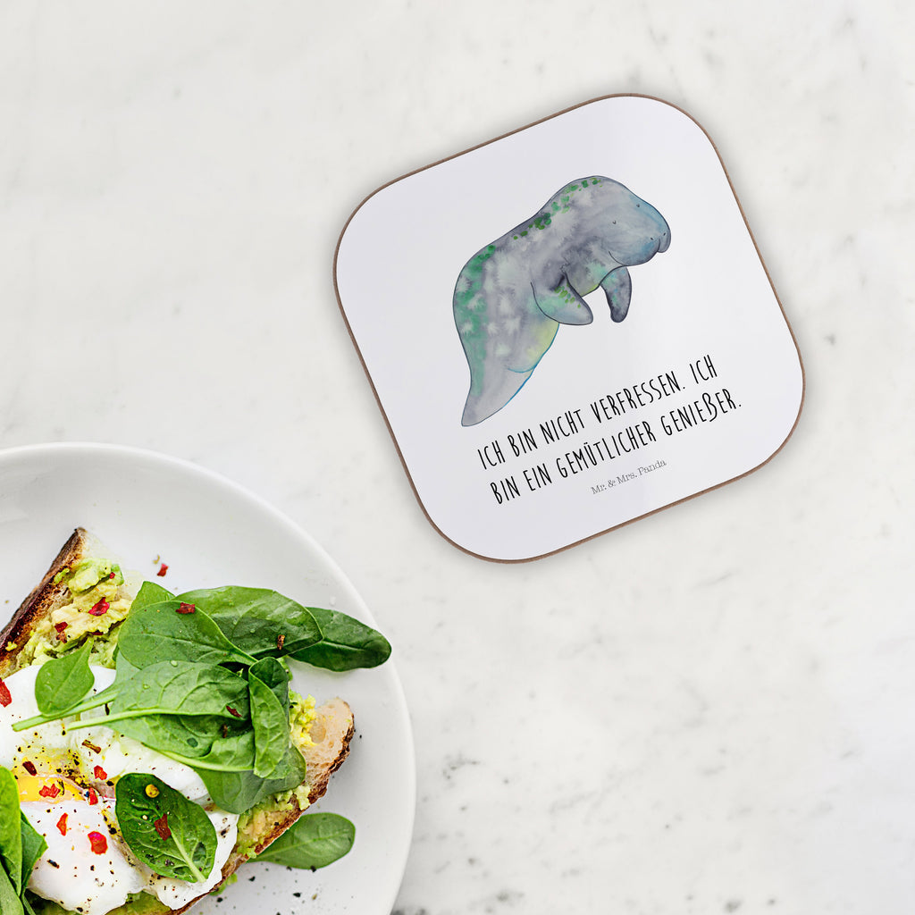 Quadratische Untersetzer Seekuh chillt Bierdeckel, Glasuntersetzer, Untersetzer Gläser, Getränkeuntersetzer, Meerestiere, Meer, Urlaub, Seekuh, Seekühe, Diät, Abnehmen, Zucker, Diätwahn, Essen, Süßigkeiten