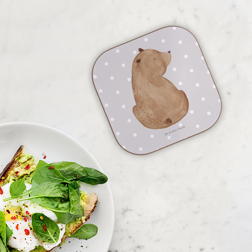 Quadratische Untersetzer Bär Schulterblick Bierdeckel, Glasuntersetzer, Untersetzer Gläser, Getränkeuntersetzer, Bär, Teddy, Teddybär, Selbstachtung, Weltansicht, Motivation, Bären, Bärenliebe, Weisheit
