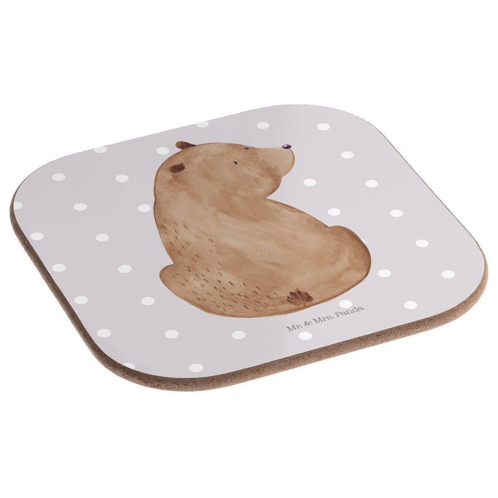 Quadratische Untersetzer Bär Schulterblick Bierdeckel, Glasuntersetzer, Untersetzer Gläser, Getränkeuntersetzer, Bär, Teddy, Teddybär, Selbstachtung, Weltansicht, Motivation, Bären, Bärenliebe, Weisheit
