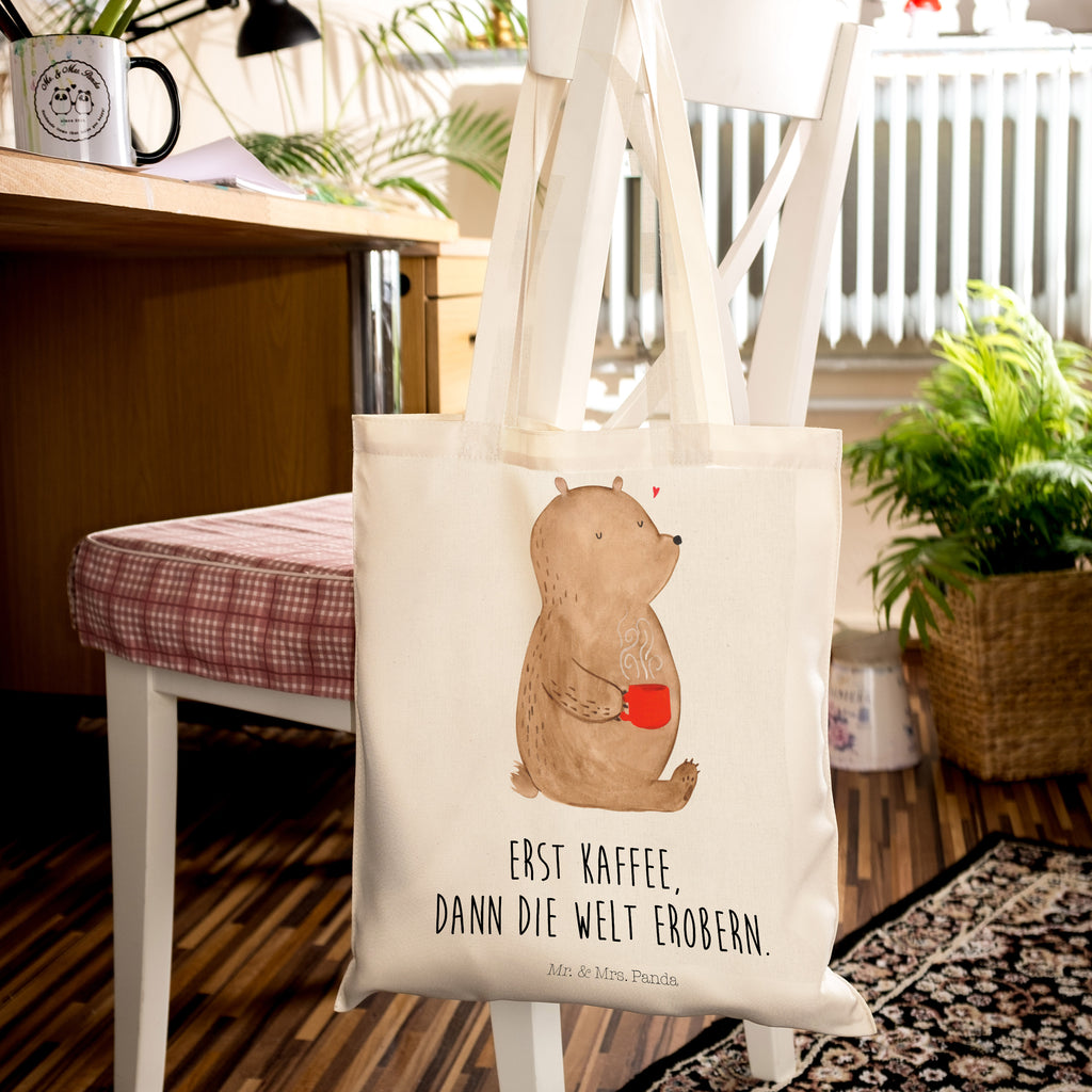 Tragetasche Bär Kaffee Beuteltasche, Beutel, Einkaufstasche, Jutebeutel, Stoffbeutel, Bär, Teddy, Teddybär, Kaffee, Coffee, Bären, guten Morgen, Morgenroutine, Welt erobern, Welt retten, Motivation