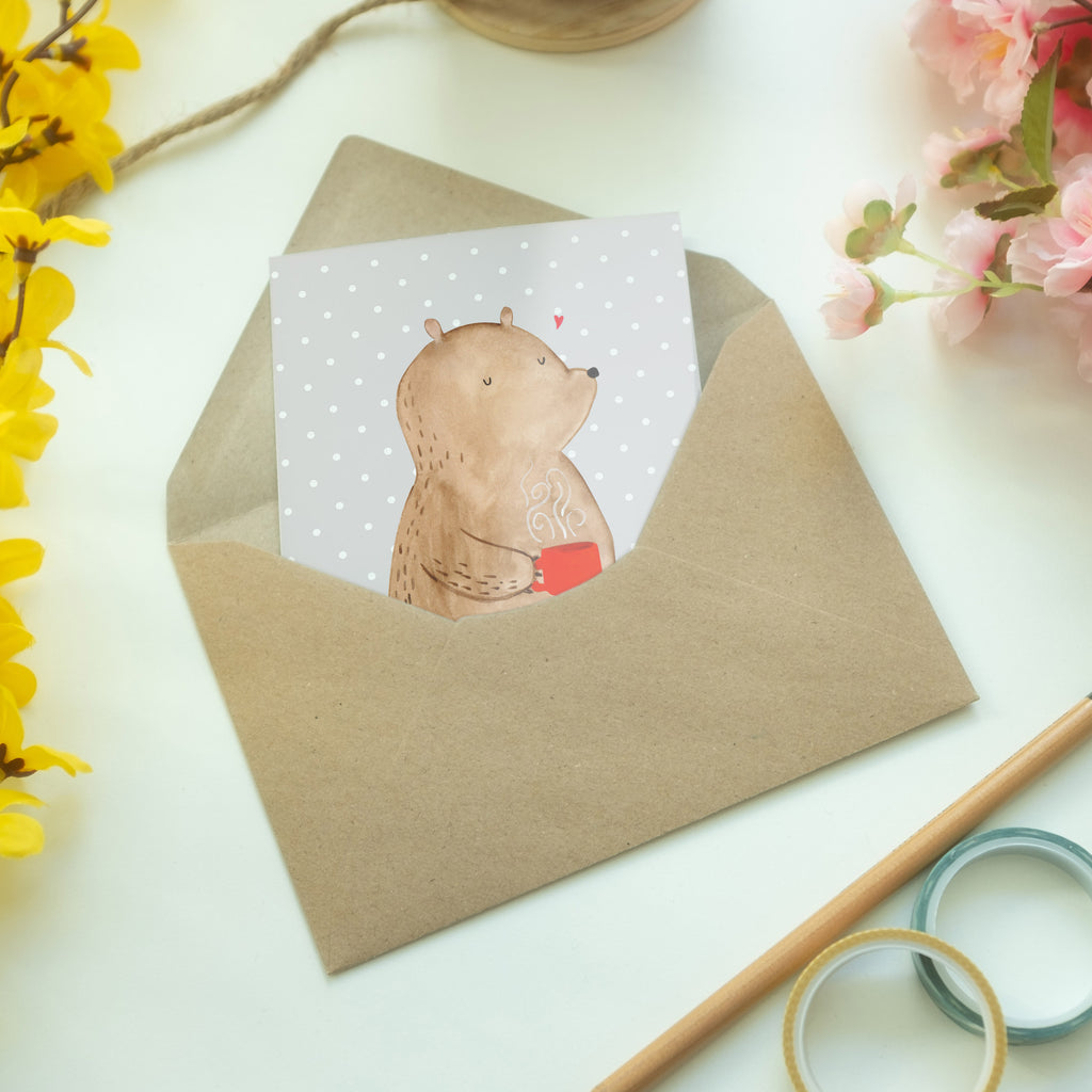 Grußkarte Bär Kaffee Klappkarte, Einladungskarte, Glückwunschkarte, Hochzeitskarte, Geburtstagskarte, Karte, Bär, Teddy, Teddybär, Kaffee, Coffee, Bären, guten Morgen, Morgenroutine, Welt erobern, Welt retten, Motivation