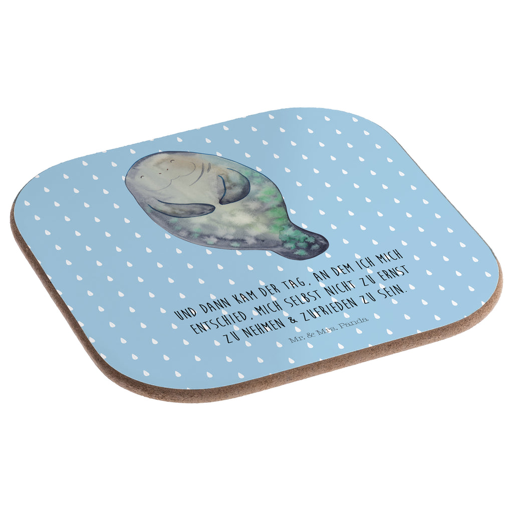 Quadratische Untersetzer Seekuh happy Bierdeckel, Glasuntersetzer, Untersetzer Gläser, Getränkeuntersetzer, Meerestiere, Meer, Urlaub, Seekuh, Seekühe, Selbstliebe, Respekt, Neuanfang, Neustart, Achtsamkeit, Zufrieden, Liebeskummer, Freundin