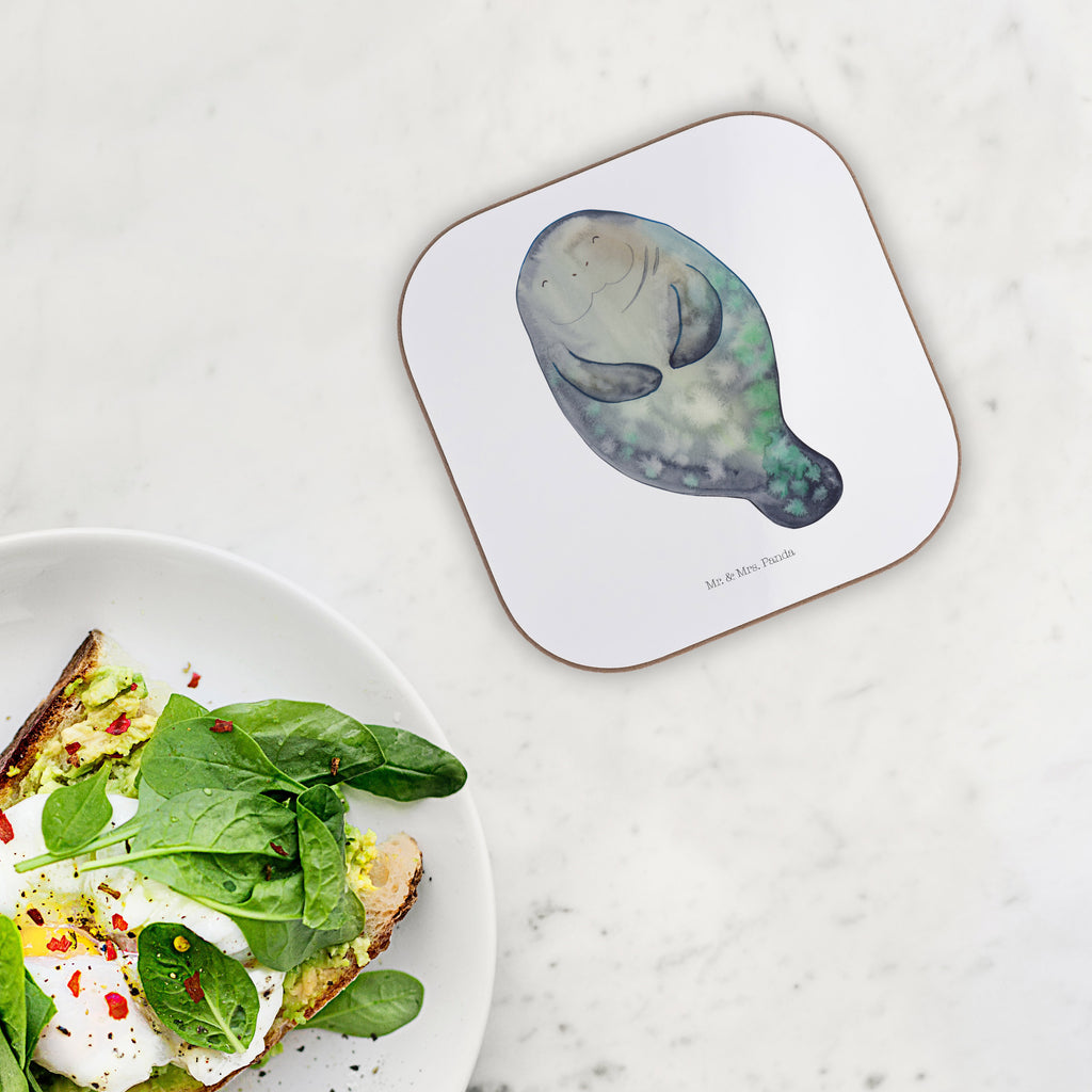 Quadratische Untersetzer Seekuh happy Bierdeckel, Glasuntersetzer, Untersetzer Gläser, Getränkeuntersetzer, Meerestiere, Meer, Urlaub, Seekuh, Seekühe, Selbstliebe, Respekt, Neuanfang, Neustart, Achtsamkeit, Zufrieden, Liebeskummer, Freundin