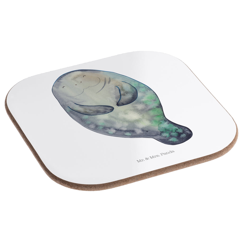 Quadratische Untersetzer Seekuh happy Bierdeckel, Glasuntersetzer, Untersetzer Gläser, Getränkeuntersetzer, Meerestiere, Meer, Urlaub, Seekuh, Seekühe, Selbstliebe, Respekt, Neuanfang, Neustart, Achtsamkeit, Zufrieden, Liebeskummer, Freundin