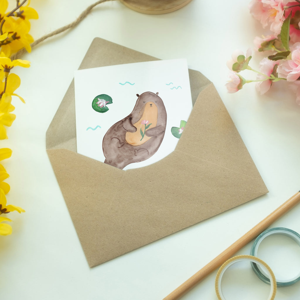 Grußkarte Otter mit Seerose Klappkarte, Einladungskarte, Glückwunschkarte, Hochzeitskarte, Geburtstagskarte, Karte, Otter, Fischotter, Seeotter, Otter Seeotter See Otter
