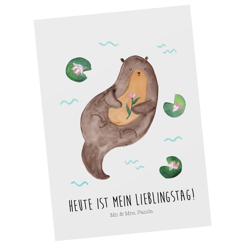 Postkarte Otter mit Seerose Geschenkkarte, Grußkarte, Karte, Einladung, Ansichtskarte, Geburtstagskarte, Einladungskarte, Otter, Fischotter, Seeotter, Otter Seeotter See Otter