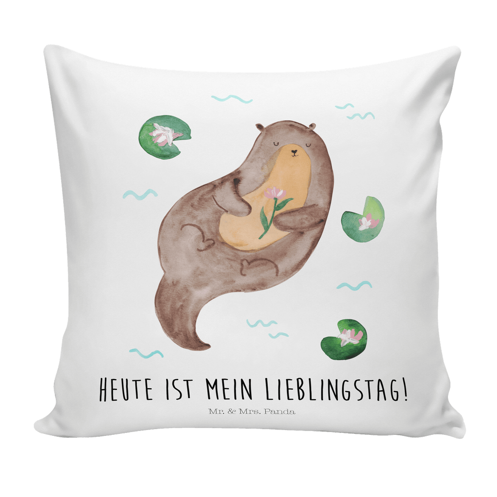 40x40 Kissen Otter mit Seerose Kissenhülle, Kopfkissen, Sofakissen, Dekokissen, Motivkissen, Otter, Fischotter, Seeotter, Otter Seeotter See Otter