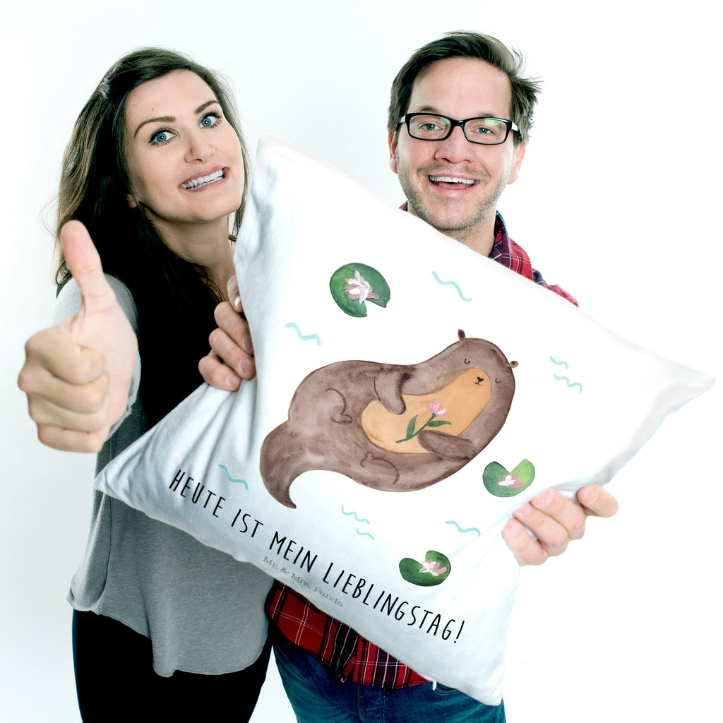 40x40 Kissen Otter mit Seerose Kissenhülle, Kopfkissen, Sofakissen, Dekokissen, Motivkissen, Otter, Fischotter, Seeotter, Otter Seeotter See Otter
